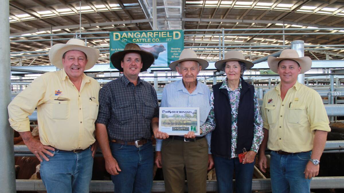 Roger Lyne, Ray White Eastern Rural, Dalby, Ben Adams, Dangarfield Cattle Co, winners of the champion pen of trade weight feeders, Frank and Lorna McNamara, Tara, and David Felsch, Ray White Eastern Rural, Dalby. Picture: Ray White Eastern Rural Dalby.