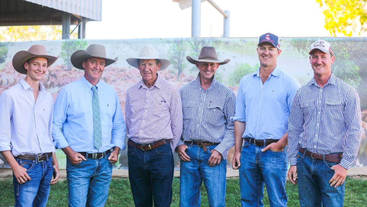 Callan and Darren Childs, Glenlands stud, along with Richard Simmons, Clint Chalmers, John and Mark Simmons, Avon Downs Station, Clermont. Avon Downs purchased six bulls for on average $57,417 topping at $90,000.