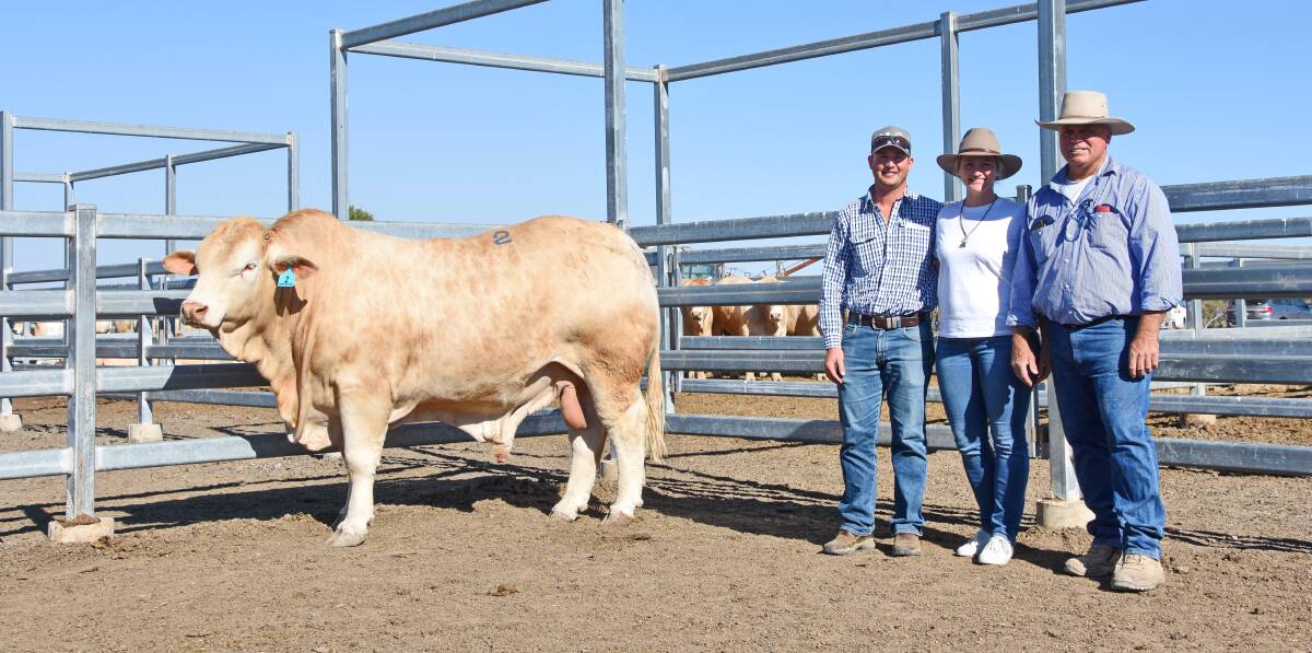 Will and Zoe Davidson, Davidson Pastoral, Roper Downs, Middlemount, with their second-top priced purchase, Huntington Quade (P) (C6), and Huntington stud principal Luke Welsh. 