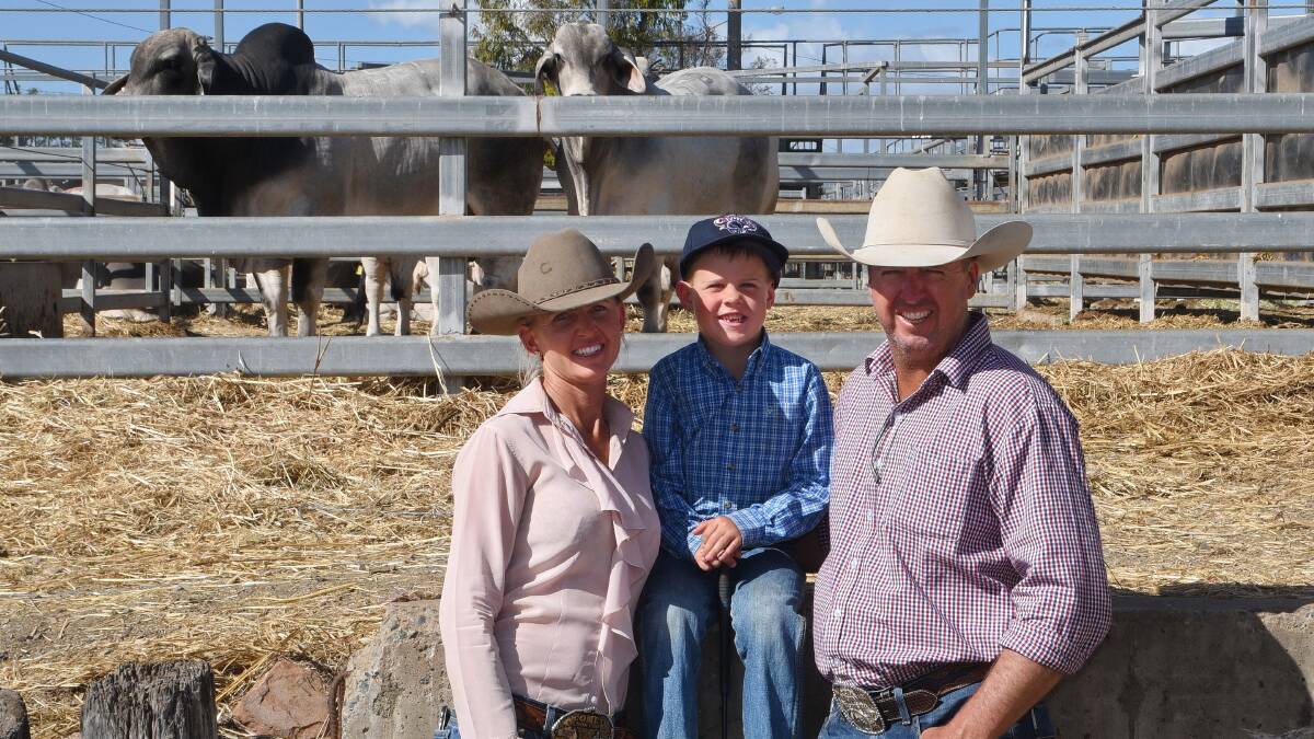 Rachel and Jason Leitch, JRL stud, Springsure, with their son Boyd, sold the top-priced grey bull on day two of Brahman Week for $80,000. Photo: Coulton's Country Photography