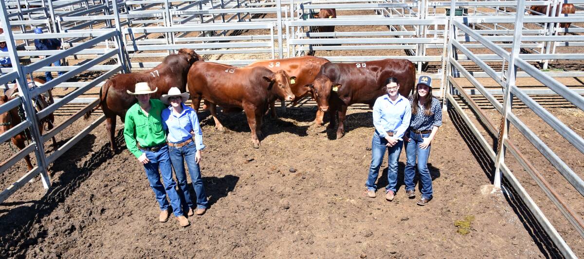 VOLUME BUYING: Rob Price, Price Cattle Co, Georgia Sherry, Wahroonga Belmont Reds, Olivia Sherry, Wahroonga Belmont Reds, and Maddy Price, Price Cattle Co, with four of the seven bulls purchased by the Price family at an average of $6857.