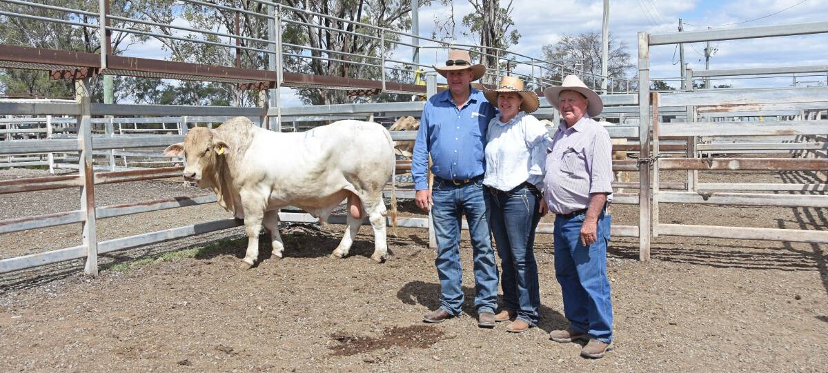 Purchasers George and Cathy Hoare, Rockview Cattle Co, Bluff, and vendor Chas Nobbs, Cordelia Stud, Moura, with the $12,000 Cordelia 34.