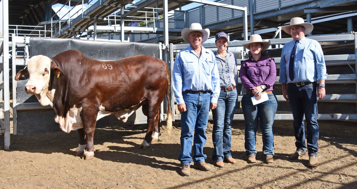 Russell and Donna Kenny, Harriett Valley stud, Gayndah, and buyers Amy and Mark McNamara, MCN stud, Bell, with the second-top priced Harriett Valley Trader (P).