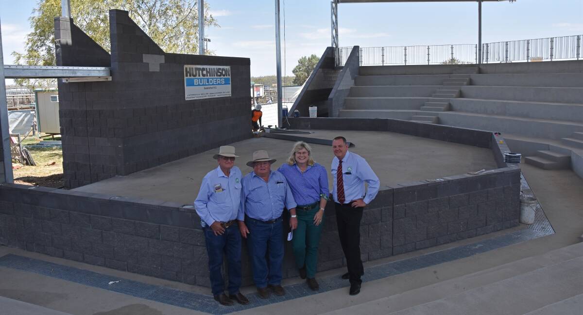 ALMA area director Ian Lovegrove, former saleyards manager Terry Hyland, Member for Warrego Ann Leahy, and ALMA president Ken Timms in the future stud stock arena. 
