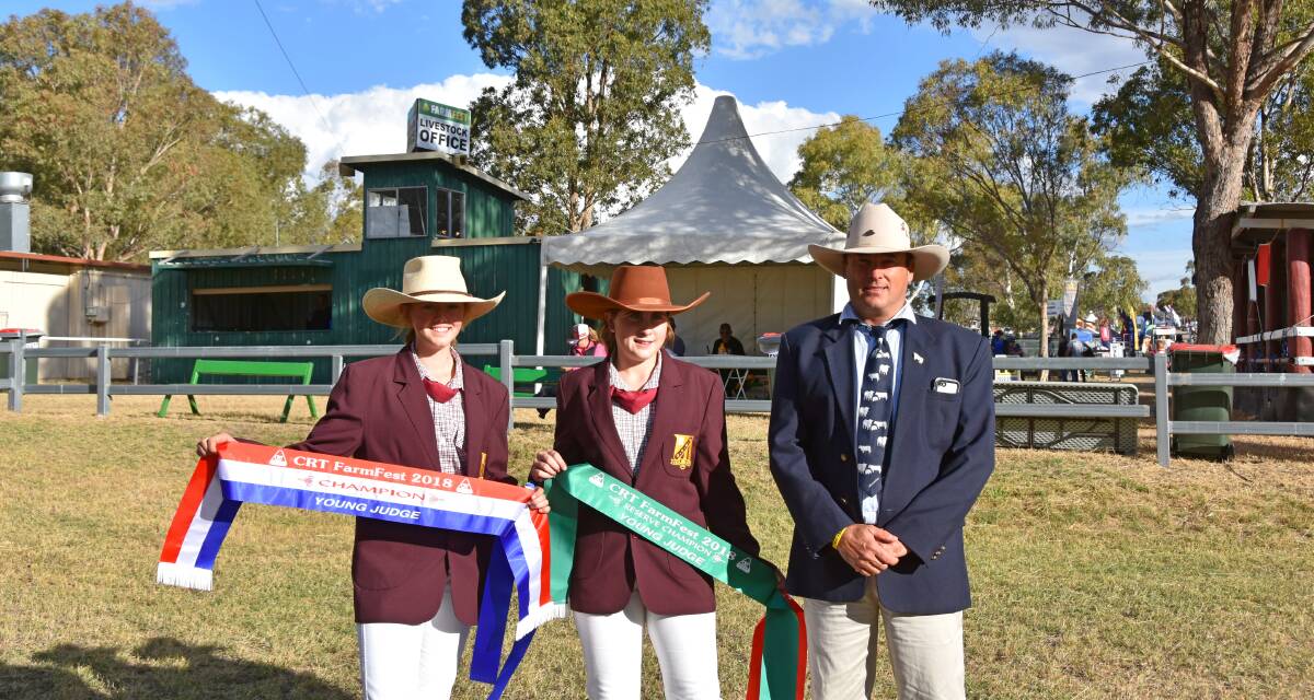Champion young judge Lauren Kelly, Dalby, and reserve champion young judge Charleigh Tucker, Dalby, with over-judge Ben Toll, Dubbo.