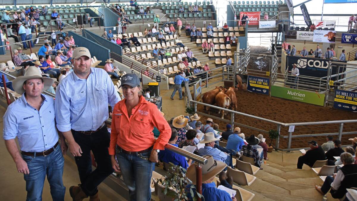 Record results: Droughtmaster Australia general manager Simon Gleeson and president Todd Heyman, with Droughtmaster National sale co-ordinator Colleen Fricke. Picture: Hayley Kennedy