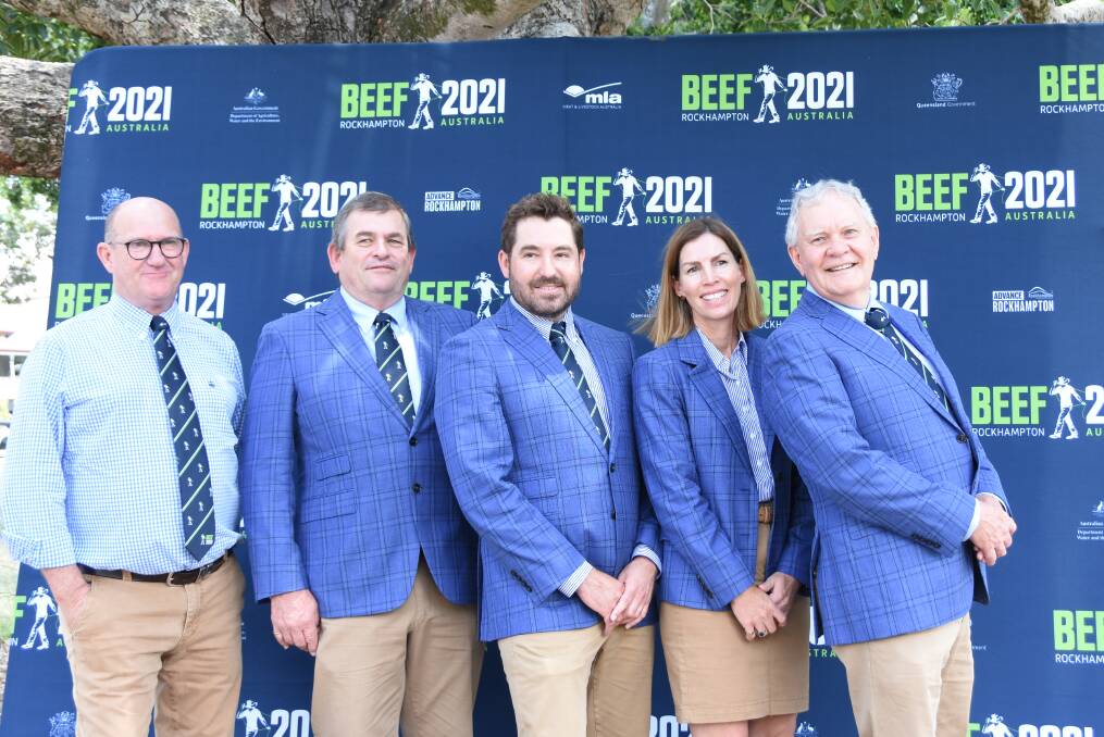 Beef Australia CEO Ian Mill, director Russell Hughes, chairman of the board Bryce Camm, and directors Claire Mactaggart and Rodney Bell announcing that Beef Australia 2021 will go ahead. 