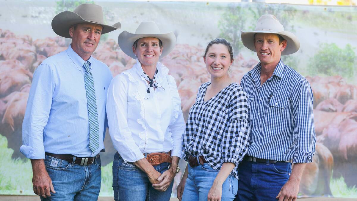 Darren and Helen Childs, Glenlands stud, Bouldercombe, with Robert and Carly Johnstone, Dawsonvale stud, Banana, who outlayed $110,000 for Glenlands D Cool As A Cat (PP), the top selling unled registered bull at last week's record-breaking Glenlands Droughtmaster sale. Photos: Kent Ward