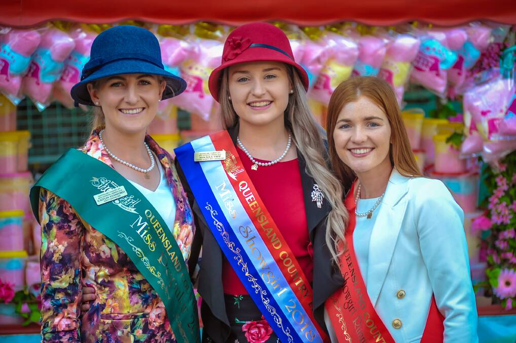 Miss Popular, Caitlin Stanford, Herbert River, 2018 Queensland Country Life Miss Showgirl, Mikaela Tapp, Cloncurry, and runner-up, Georgia Hoolihan, Dirranbandi. Photo - Kelly Butterworth.