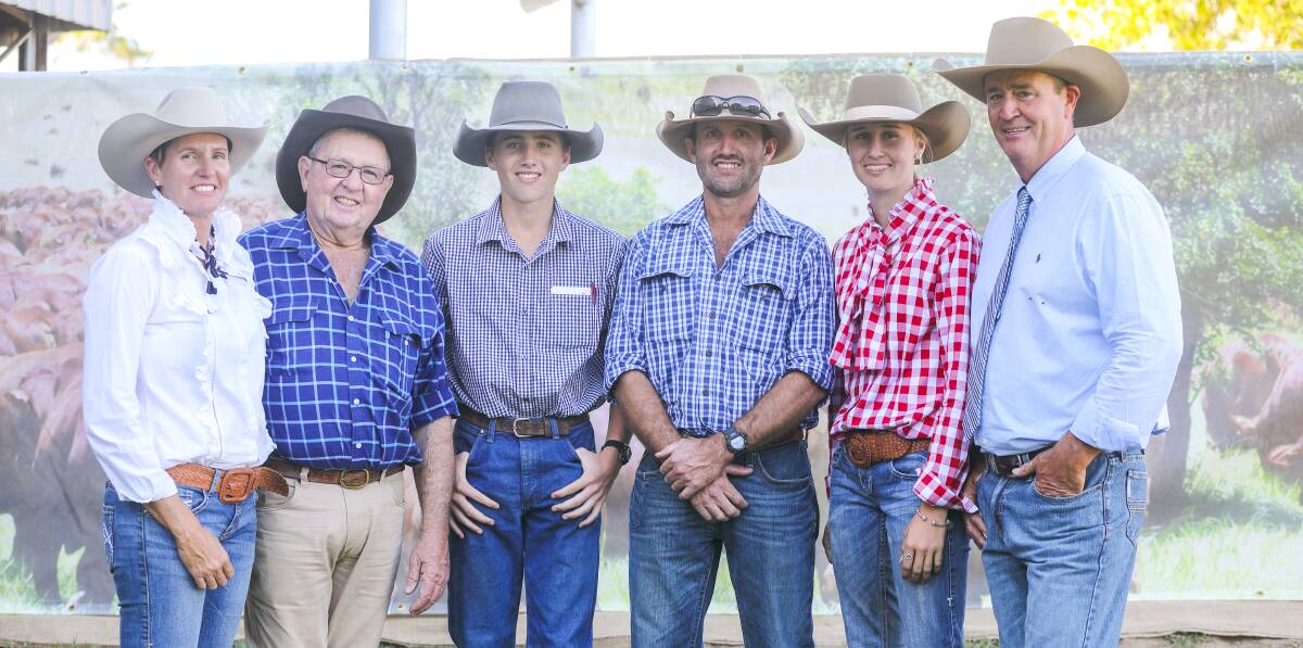 Helen Childs, Glenlands stud, Charlie, Ben and Clint Hawkins, and Tayla and Darren Childs, Glenlands stud. The Hawkins family purchased 30 to average $13,633.