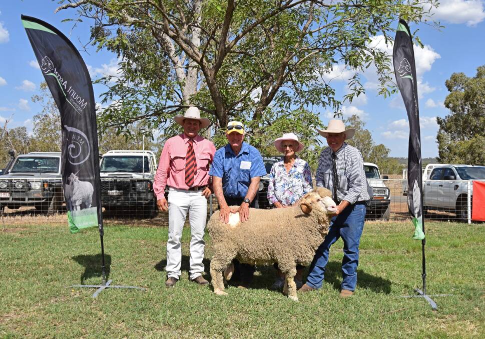 Dave Phillips, Elders Mitchell, Bob Little, Waverly, Cunnamulla, and Heather and Nigel Brumpton, Mt Ascot Merinos, Mitchell, with one of the 14 rams Mr Little purchased. 