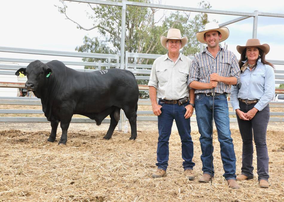 Top selling bull, the $80,000 Bonox 1251 with breeder Bruce Woodard, Bonox stud, Taroom, purchaser Ryan Holzwart, Bauhinia Park stud, Emerald, and Georgie Connor, GDL, Rockhampton.