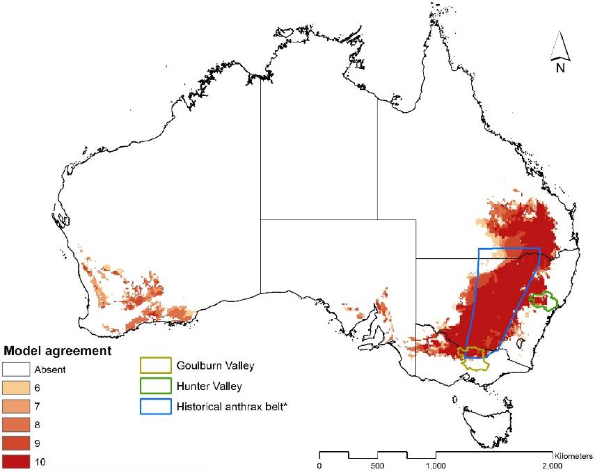 Anthrax distribution in Australia from Barro AS, Fegan M, Moloney B, Porter K, Muller J, Warner S, et al. (2016.