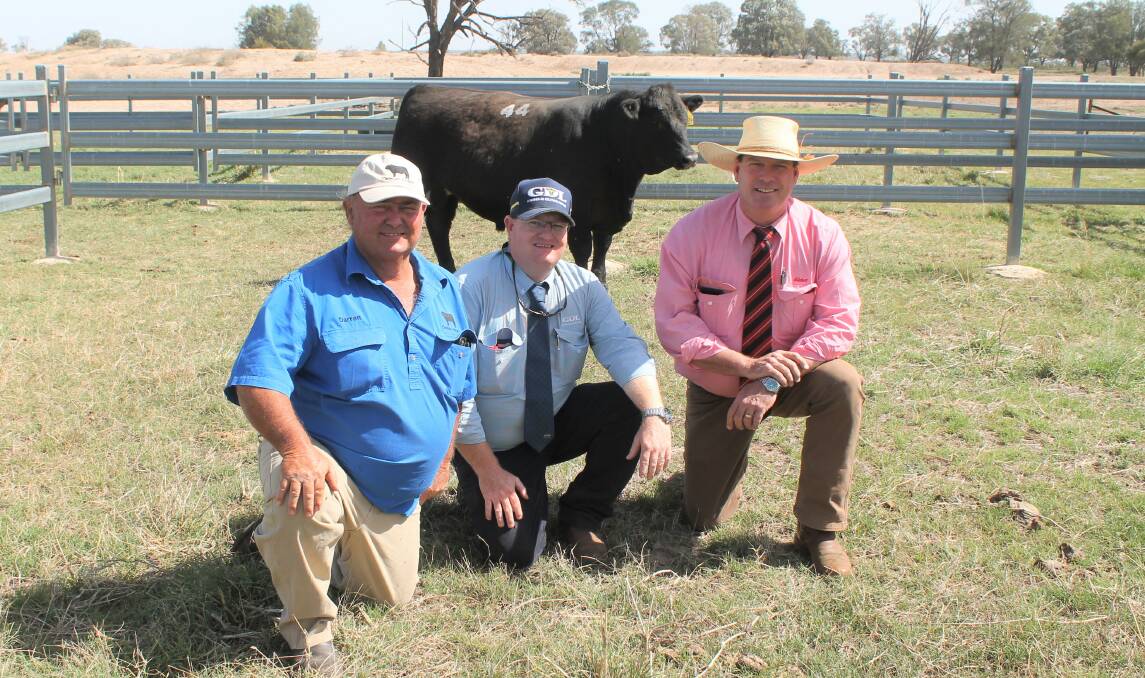 Carabar Angus principal Darren Hegarty with Mark Duthie, GDL, Dalby representing the Fuller family, Pine Creek Angus, Cowra and Elders stud stock manager Michael Smith of Toowoomba with the $26,000 top selling Carabar Redcliffe R204.