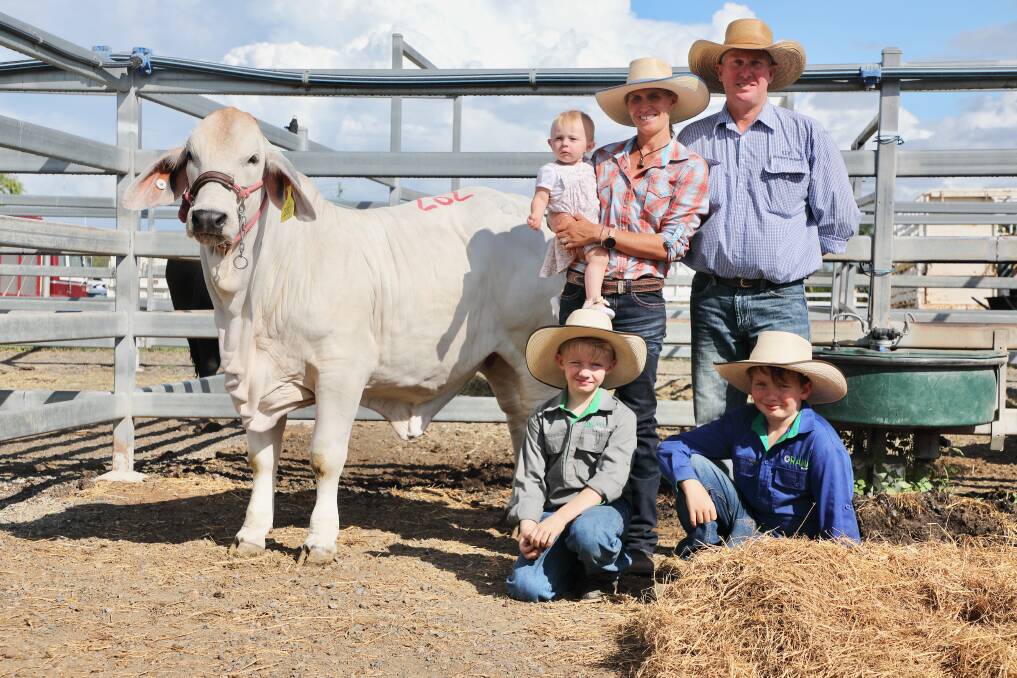 Equal top selling $16,000 heifer, Orana Shambala 2141 (AI) with purchasers Elaine and Scott Edwards and their daughter, Mia, SEE stud, Ridgelands (back). With them are Bo and Ty McLellan, Orana stud, Goovigen (front). 