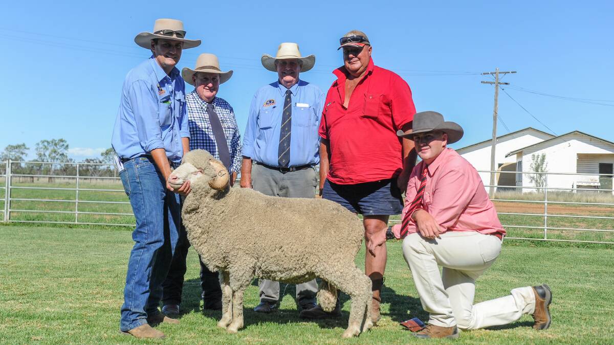 Benn Wilson holds the $4000 top price ram with auctioneer Steve Burnett, Wilgunya's Max Wilson, buyer Ian Dries from Dries Pastoral at St George and Elders St George agent Lachy Radford. 