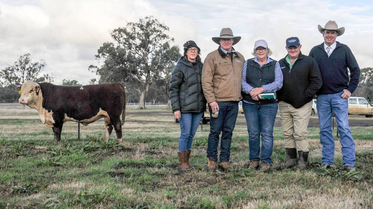 The $48,000 Bowen Quote Q162 with Jodi and Stephen Peake of Bowen, buyer Robyn Holcombe, Nutrien's John Settree and auctioneer Paul Dooley. 