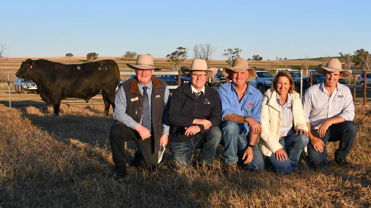 The $108,000 bull with GDL agent Harvey Weyman-Jones, GTSM auctioneer Michael Glasser, Texas Angus stud principals Ben and Wendy Mayne and Texas cattle overseer Hayden Chappel. 
