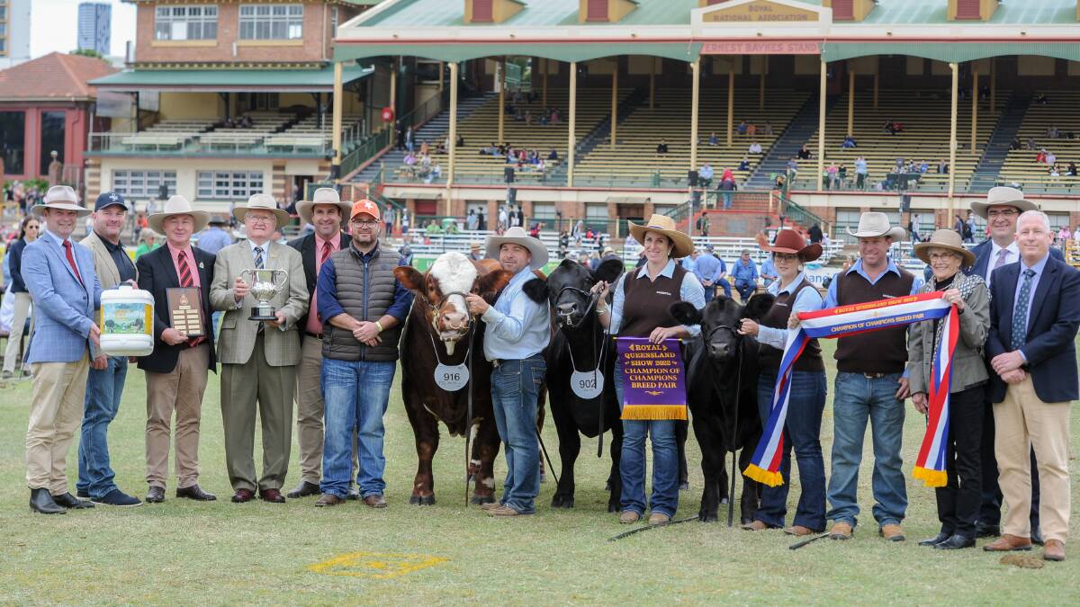 International Health Products national sales manager Allan Dryden, NSW, Simmental judge Marty Lill, Andrew Meara of Elders, trophy presenter Alan Warby, Elders agent Anthony Ball, handlers Martin Rowlands, Kim Groner, Amy Whitechurch, Glen Waldron, ribbon presenter Margot Warby, judge Jason Strong and Brett Darley, Santos president.