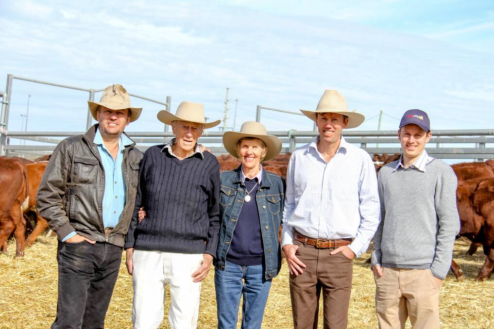 Andrew, Ian, Janie, Stuart and James Murray, Kindee Pastoral Company, Injune and Taroom, at the Roma store sale for their annual weaner turnoff. 