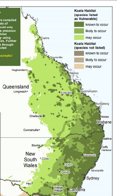 A graph showing koala habitat and where they are likely to occur. Picture: Australian Government 2012