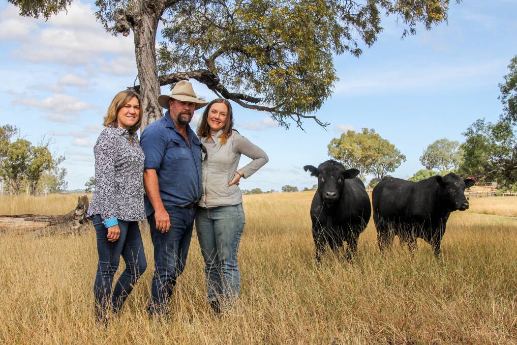 Lisa, Jasen and Chantelle Wain, Jerakala, Mundubbera, with some of their Ultrablack bulls which they will introduce into their herd. Picture: Lucy Kinbacher