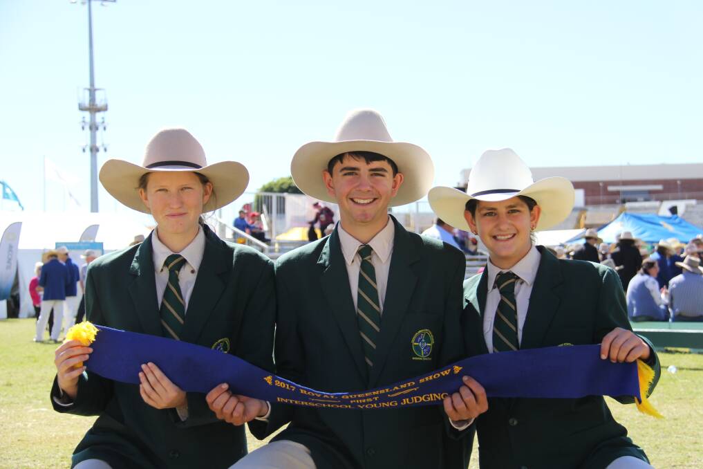 Toogoolawah State High School students Taylor Williams and John and Olivia Delaforce with their first place ribbon from the Interschool Team Young Judging event at the Ekka.