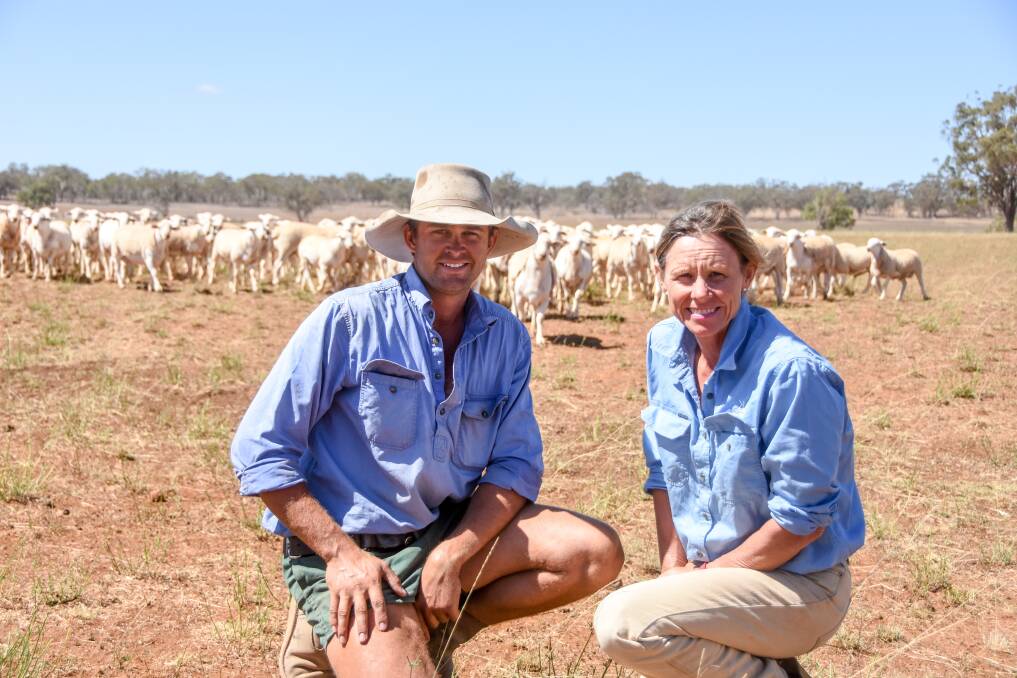 Mother and son duo Tony Reid and Kym Thomas on their Inverell property, Rockleigh, and their Australian Whites. Pictures: Lucy Kinbacher