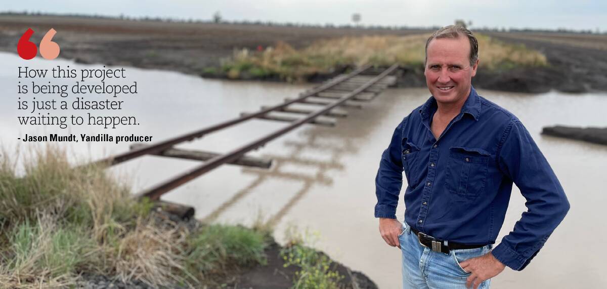 Condamine River floodplain farmer Jason Mundt says the devastating impact of high volumes of floodwater being forced through culverts on to farmland is already plainly evident on the proposed Inland Rail route. 
