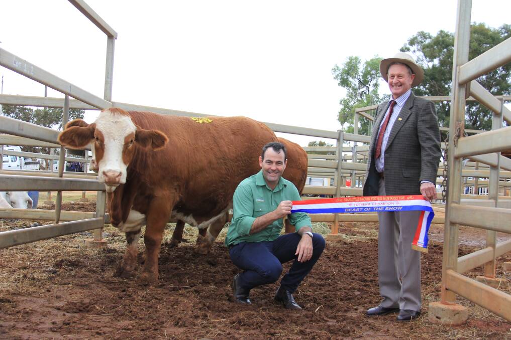 Damon Ferguson, Landmark South Queensland General Manager and Noel Mobbs, Gowrie Simmentals and Simbrahs, Charleville with the Supreme Beast of the Show. 