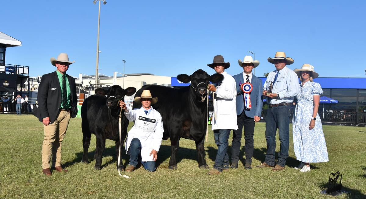 Nutrien's Colby Ede with Bullakeana Very Now held by Jake Turner and Hayden Hanson, judge PJ Budler and exhibitors Brad and Vicki Hanson, Hanson Cattle Co, Theodore. Picture: Ben Harden 