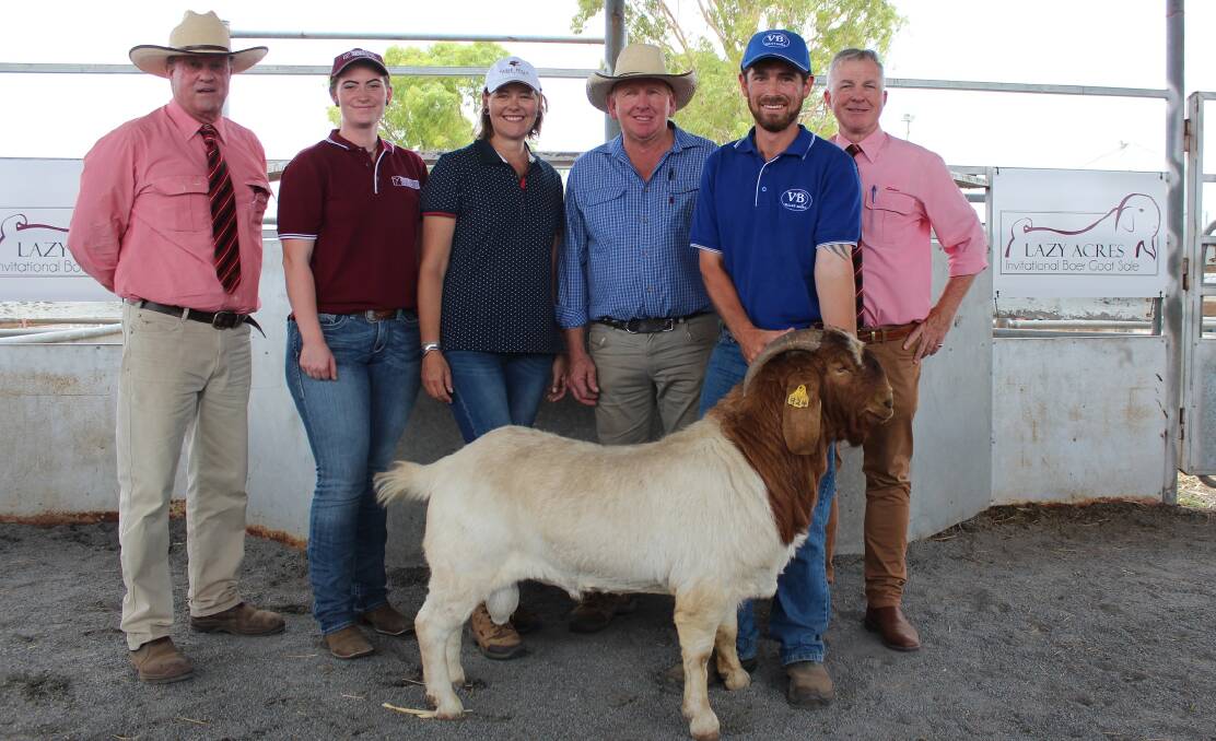 Elders agent Peter Sealy, Ruth Sanders of Youlden Valley, buyers Keeleigh and Brian Allport of Inverclyde Cattle Company at Moonie, Thomas Youlden of Youlden Valley stud and Elders auctioneer Andrew Meara with standard Boer buck Youlden Valley Viktor who made $6400. Photo: Supplied 