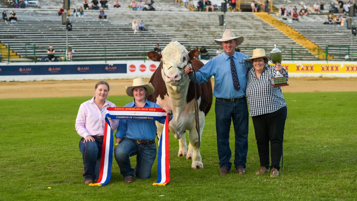 Sophie, Matilda, Scotty and Pip Hann of Truro Whiteface stud, Bellata, NSW, with the champion of champions bull, Truro Sherlock. Picture: Lucy Kinbacher