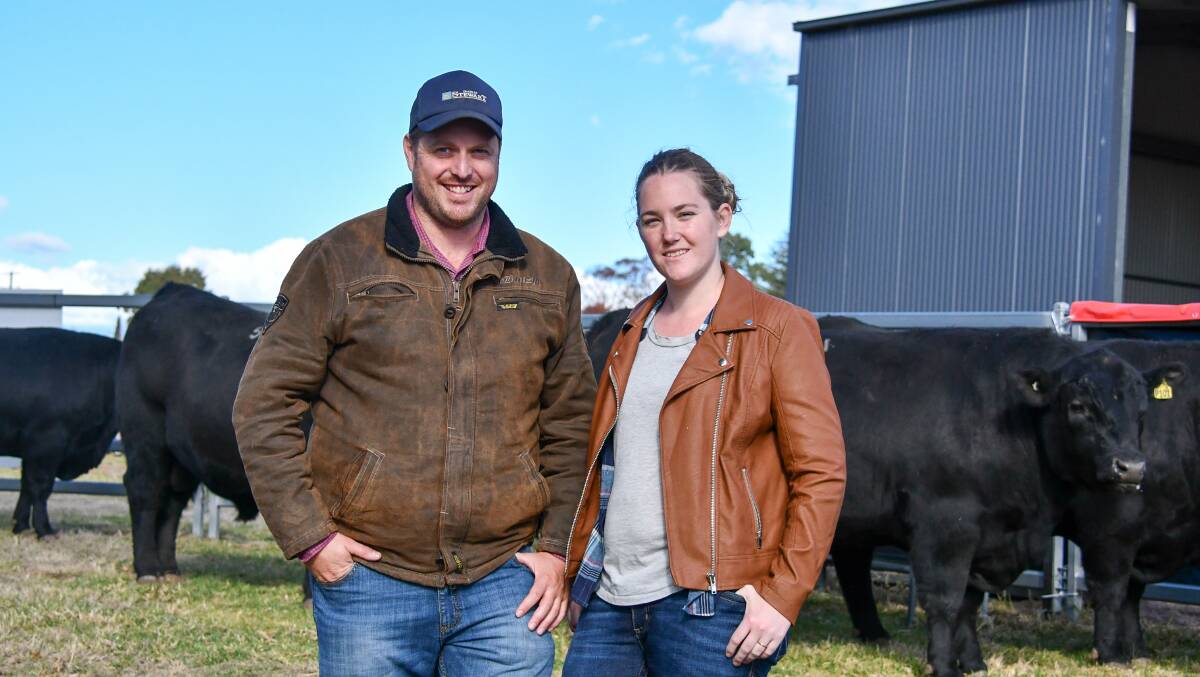 Victorian buyers Eddie and Sarah Murnane made the 1600km trip to secure the first bull of the day, Alumy Creek Compass P102, for $12,000. 