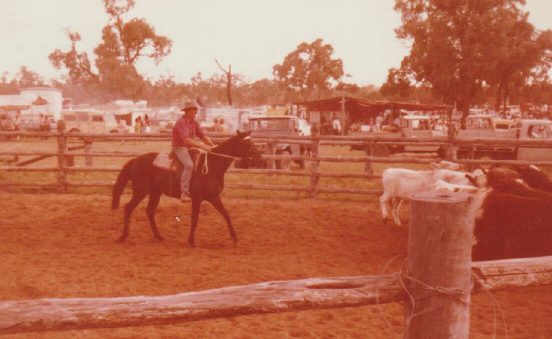Tom Ham on Jedda with the canteen in the background at Tooloombilla in 1974.