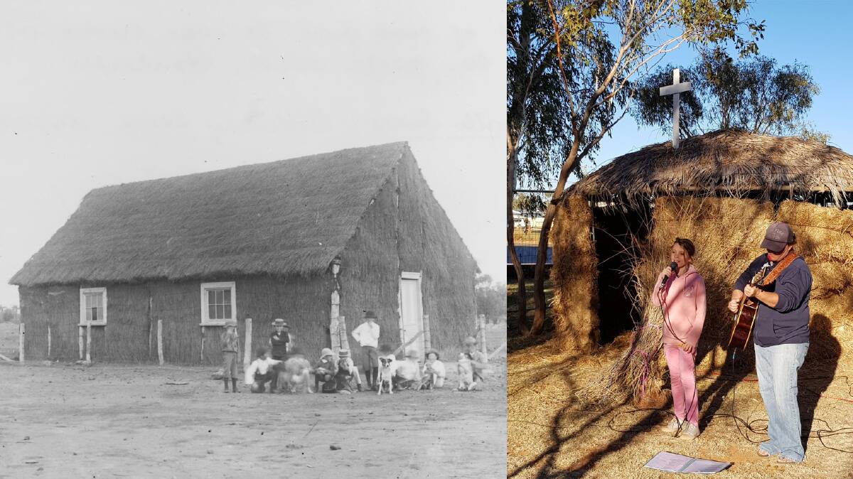 The Thargomindah community recreated their original grass church (left), which was eaten by hungry goats during the drought, in a bid to open the heavens. Picture: Facebook. 