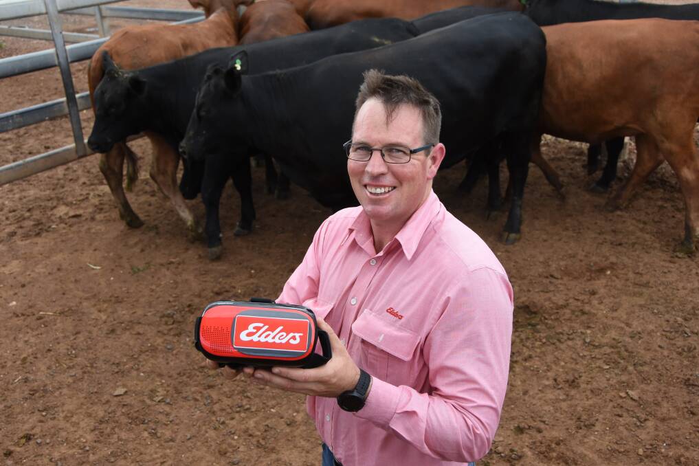 Elders Queensland Livestock Sales Manager Paul Holm with a pair of virtual reality goggles Elders is using in a new marketing technique for auctions. 