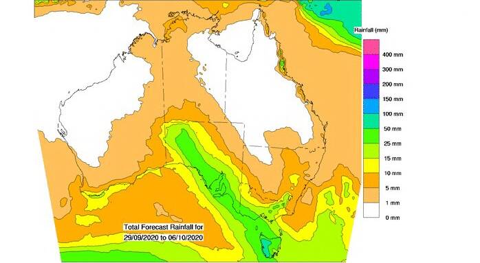 BOM's expected rain during the next eight days to October 6.
