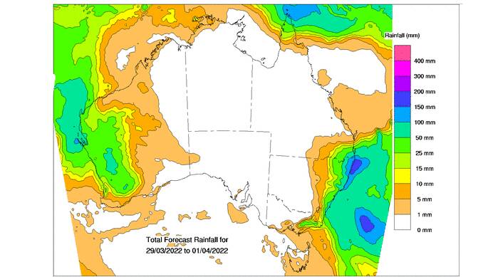 Forecast rainfall for March 29 to April 1. Source - BOM