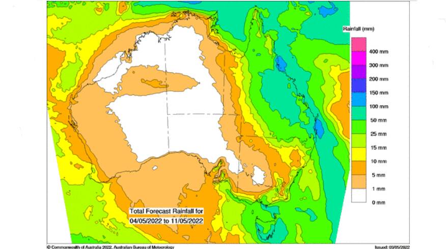 Predicted, accumulated rainfall totals for May 4 to 11. Source: BoM