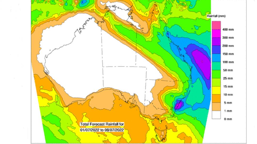 EIGHT DAY TOTALS: A big purple monster in the shape of possible 400mm rainfall totals is lurking off the Queensland coast. Picture - BoM