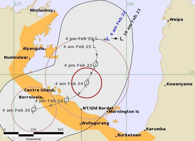 The current tropical low is expected to track south before forming a category 2 cyclone on Sunday, which will track south, south-west before reaching the NT coastline on Monday.