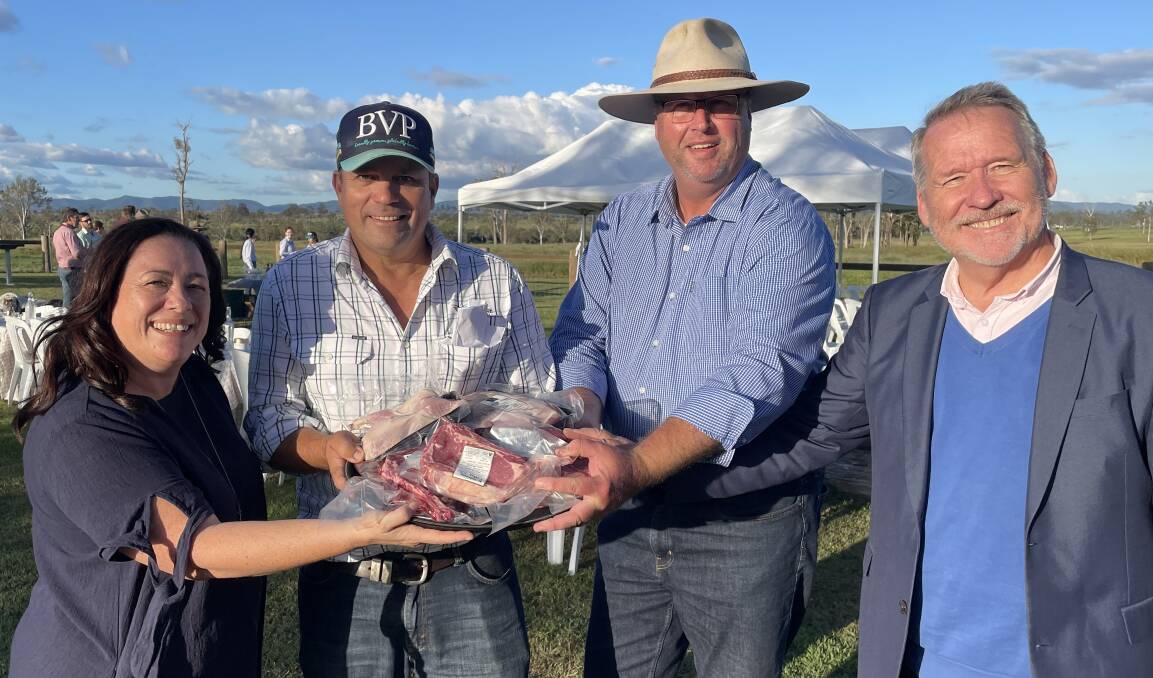 Renae Berry, Food and Agribusiness Network, Duncan Brown, Brisbane Valley Farm Direct, Ipswich Chamber of Commerce and Industry president Phillip Bell, and, Member for Ipswich West, Jim Madden, showing off some of BV Farm Direct's beef and quail.