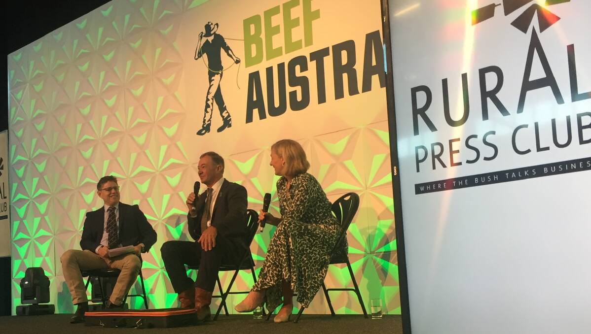 David and Prue Bondfield, Palgrove, Dalveen, with James Nason (right) speaking at the Rural Press Club of Queensland during Beef 2021.