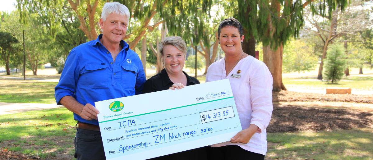Sam Stephens, Four Season Company, with ICPA federal councillors Kristen Coggan and Nikki Macqueen and the $14,000 ZM Block donation.