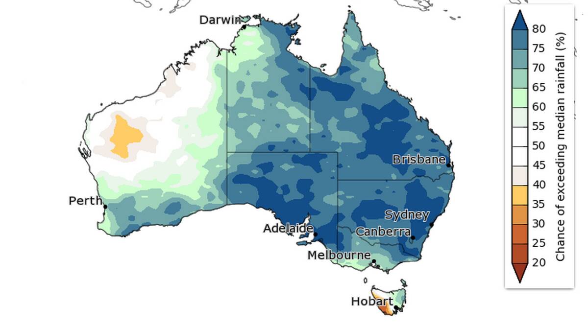 Much of eastern Australia is rated as having a 75 to 80 per cent chance of above average rainfall.