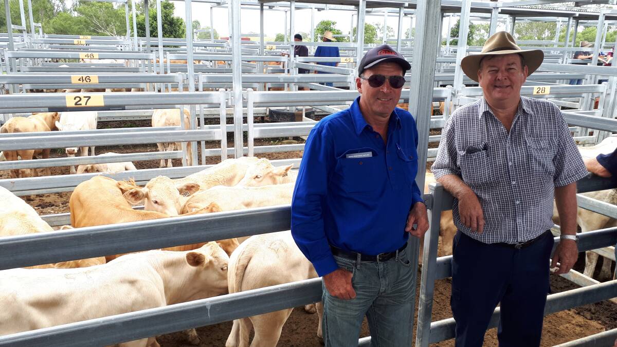 Paul Wimmer and Geoff Walker from Palen Creek Correctional Centre with their Charbray weaner steers which were named the Champion Pen of the Show.