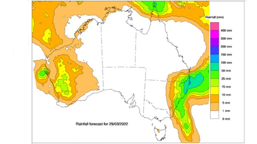 Where the rain is expected to fall on Tuesday. Source - BOM