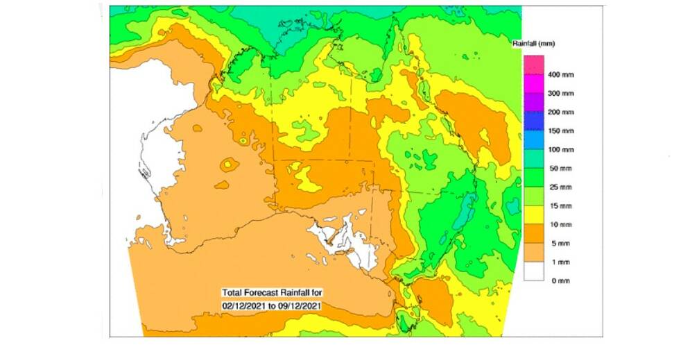 BOM's predicted rainfall across the next eight days.
