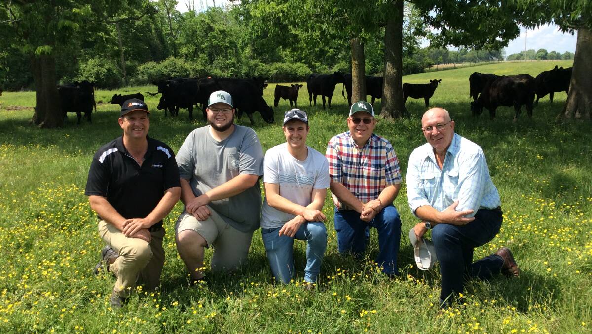 Kentucky cattle producers Rod White (second from left) and his father Tim White (fourth from left) with Toby Doak from Alltech Lienert, Alex Muirhead, Ortawehan, Winnaleah, and Glen Whitton, Riverina Stockfeeds.